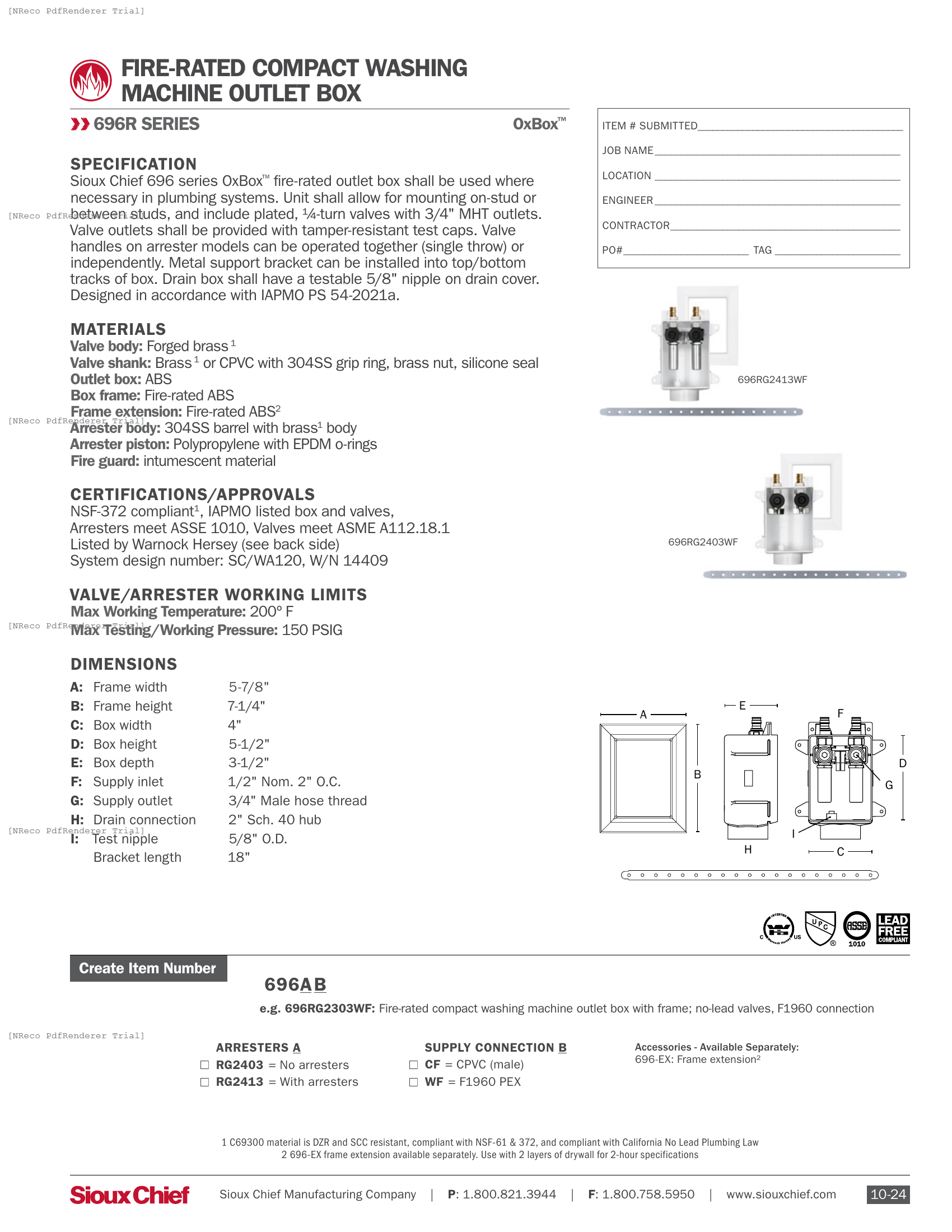 696R SERIES - FIRE-RATED OXBOX ONE COMPACT WASHING MACHINE OUTLET BOX - SPEC SHEET.PDF Specification Document